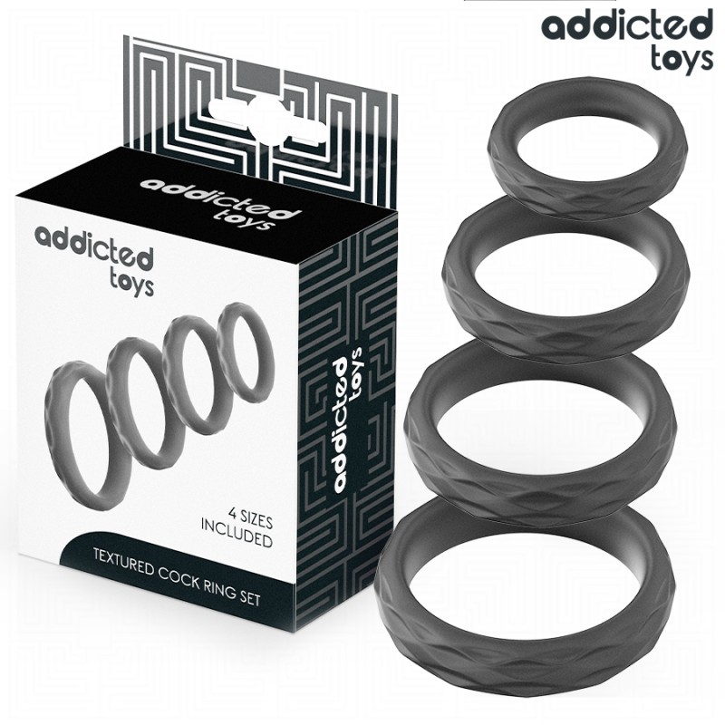 ADDICTED TOYS - CONJUNTO DE ANILLOS DE PENE TEXTURIZADOS 4 TAMAÑOS