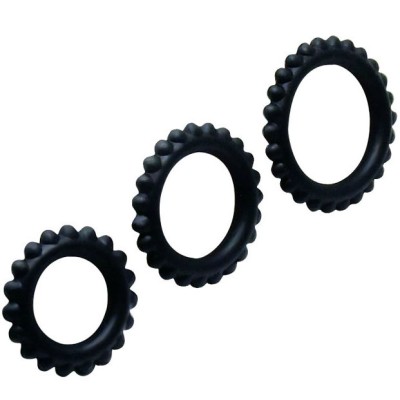 BAILE - CONJUNTO 3 PIEZAS ANILLOS PARA PENE NEGROS 2.8 + 2.4 + 1.9 CM