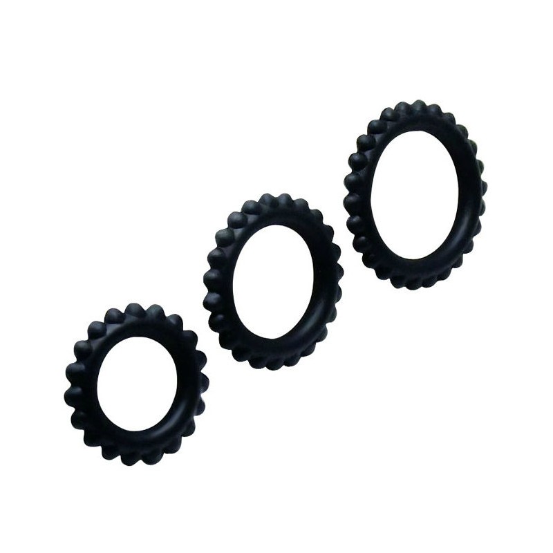 BAILE - CONJUNTO 3 PIEZAS ANILLOS PARA PENE NEGROS 2.8 + 2.4 + 1.9 CM