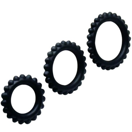 BAILE - CONJUNTO 3 PIEZAS ANILLOS PARA PENE NEGROS 2.8 + 2.4 + 1.9 CM