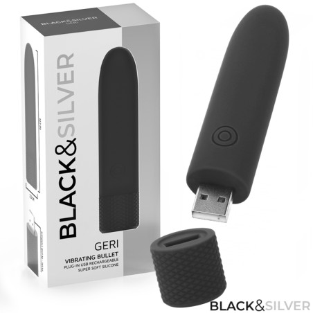 BLACK & SILVER - JERINGA DE VIBRACIÓN RECHARGEABLE GERI USB 8 VIBRACIONES NEGRO 10 X 2.2 CM