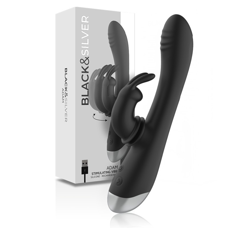 BLACK&SILVER - DJ. ADAM DILATADOR SILICONE RECHARGEABLE RABBIT STIMULATOR NEGRO