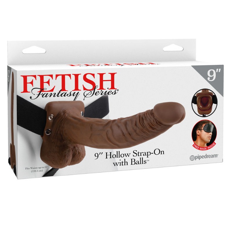 FETISH FANTASY SERIES - SERIES 9 HOLLOW STRAP-ON WITH BALLS 22.9CM BROWN